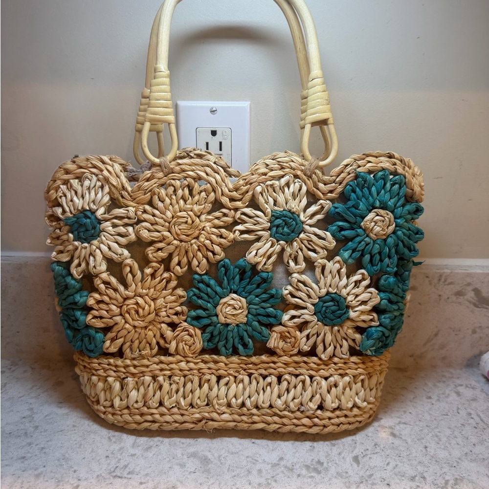 Haute Hippie Natural and Teal Handwoven Floral Tote